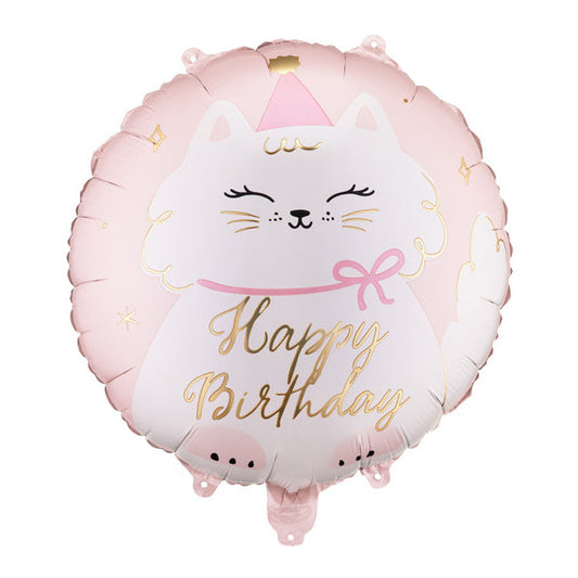 Apaļš folija balons Kaķis, Happy Birthday - pildāms ar gaisu vai hēliju, 35cm, FB361