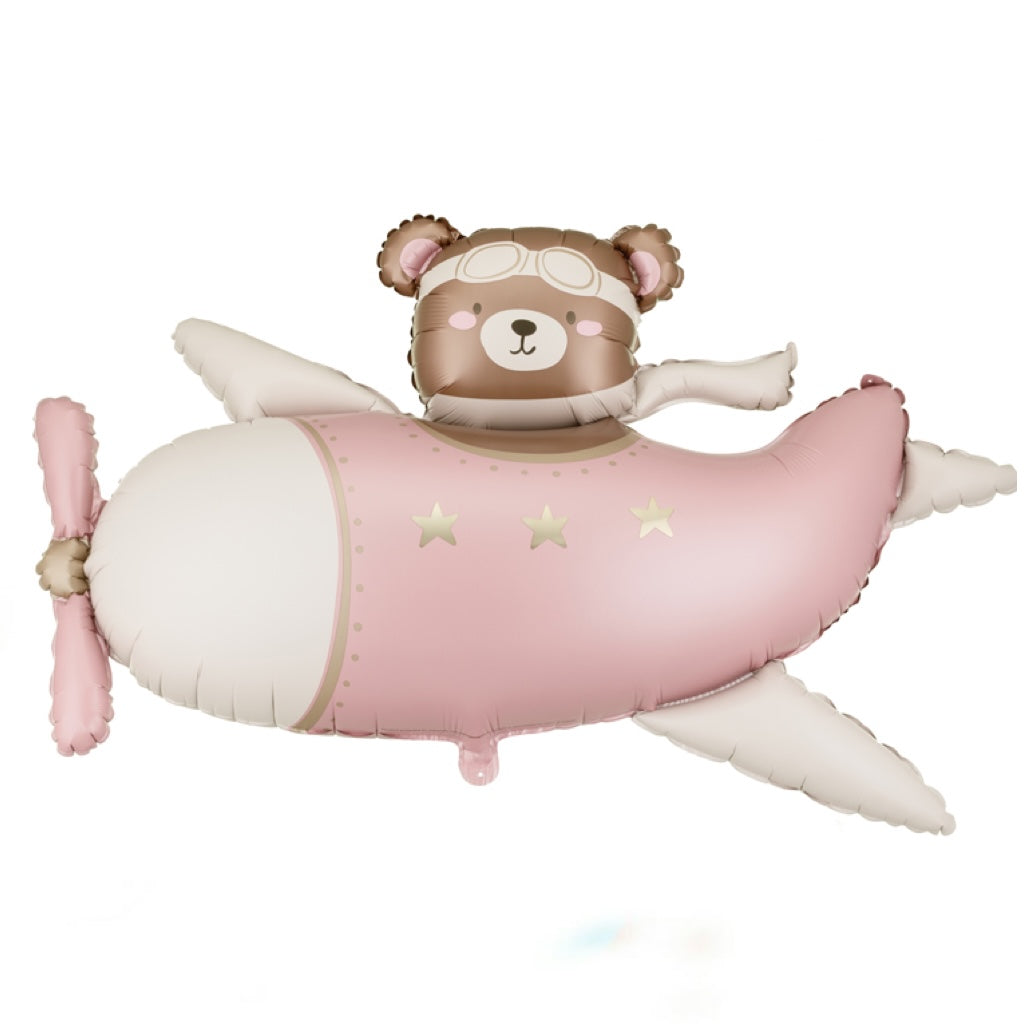 Liels folija balons Bear in Airplane, rozā - pildāms ar gaisu vai hēliju, 94cm, FB383-081J