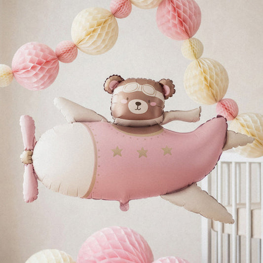 Liels folija balons Bear in Airplane, rozā - pildāms ar gaisu vai hēliju, 94cm, FB383-081J