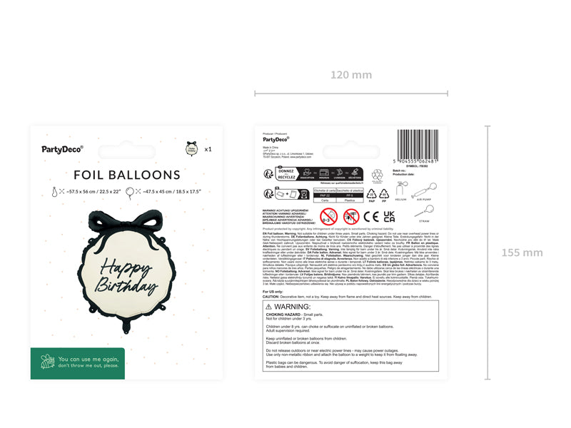 Folija balons ar banti Happy Birthday Balloon, 47.5x45 cm, Party Deco, FB392