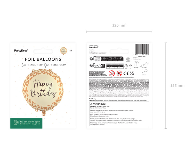 Folija balons Happy Birthday Leopard Balloon, 35cm, Party Deco, FB393