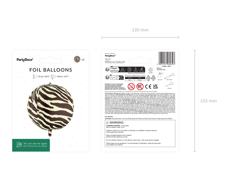 Folija balons Zebra Stripes Balloon, 75cm, Party Deco, FB407