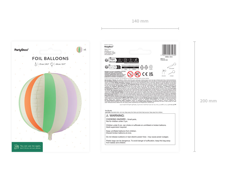 Folija balons Striped ball Balloon, 75cm, Party Deco, FB418