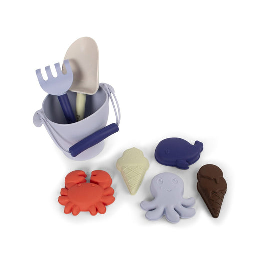 Silikona smilšu rotaļlietu komplekts Silicone Beach Set, Blue Mix, Filibabba