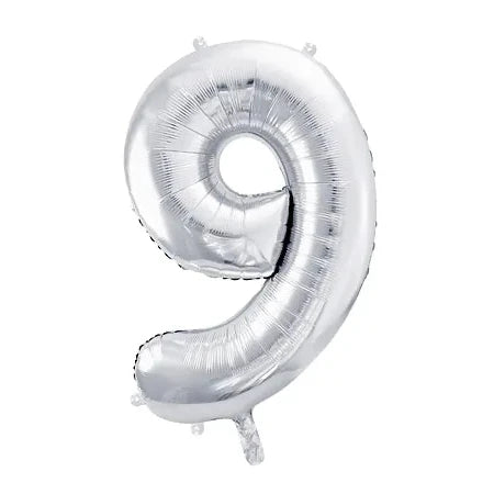 Liels balons cipars 9, sudraba, pildāms ar hēliju vai gaisu, 86cm