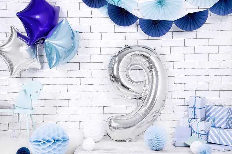 Liels balons cipars 9, sudraba, pildāms ar hēliju vai gaisu, 86cm