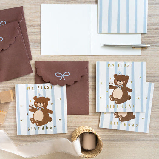 Greeting card My First Birthday - teddy bear, 14x14 cm