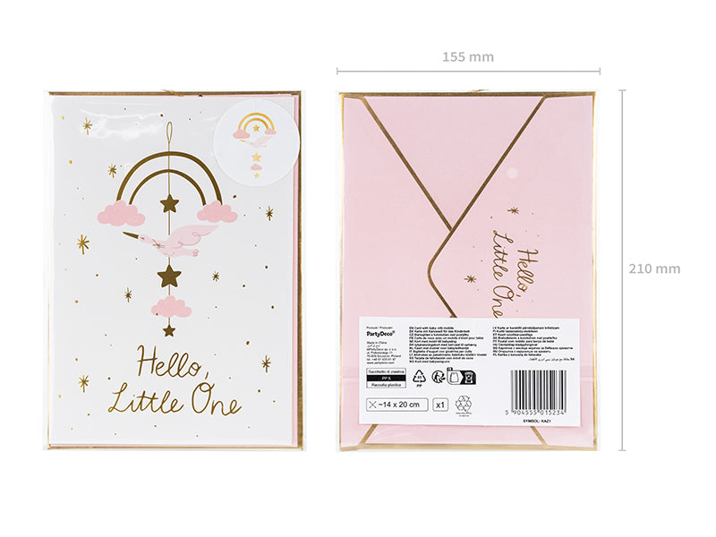 Apsveikuma kartīte Hello Little One ar pievienotu dekoru, rozā