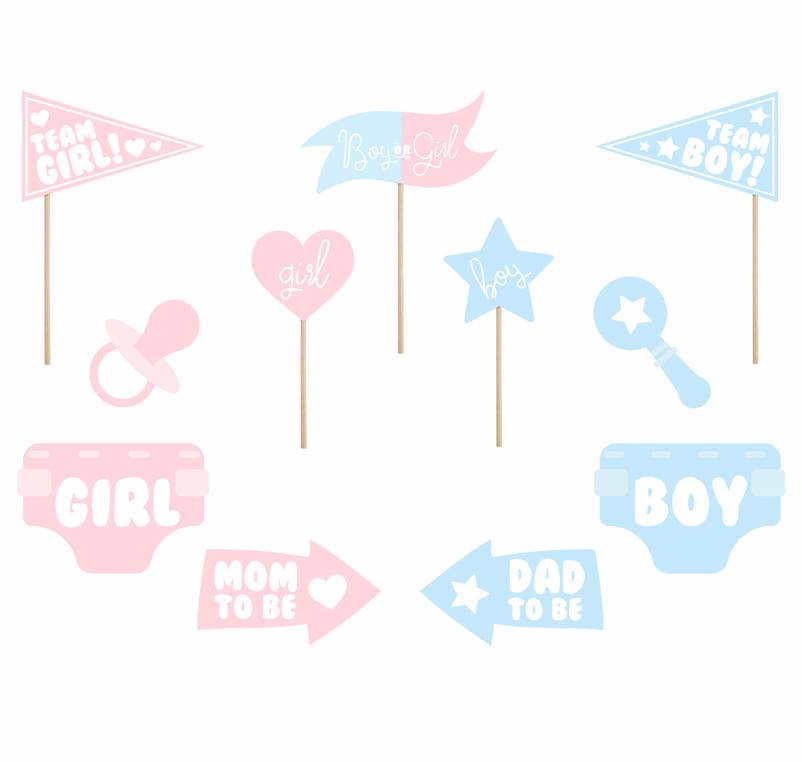 Aksesuāri fotosesijai "Gender Reveal", zils un rozā, 11 gab, Party Deco, KNP29