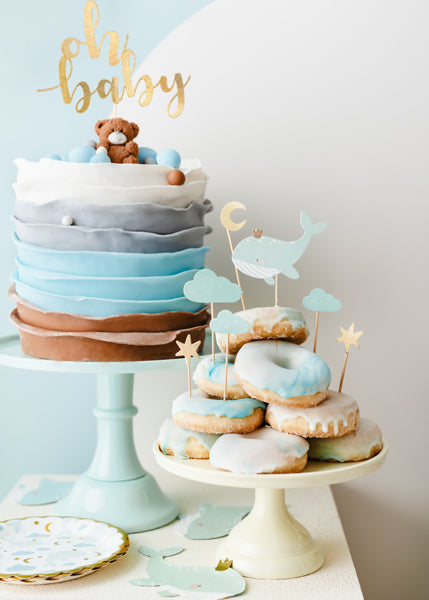 Kūkas un kēksiņu dekors Valis - ar mākonīšiem un zvaigznītēm, Cupcake Toppers Whale