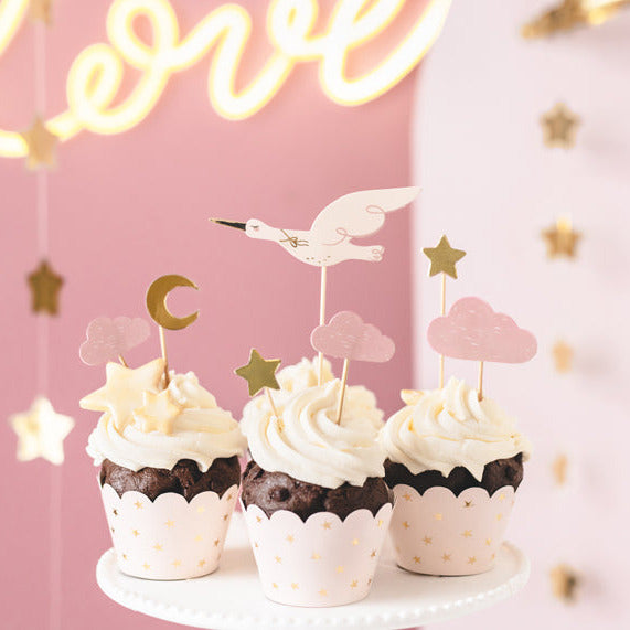Kūkas un kēksiņu dekors Stārķis - ar mākonīšiem un zvaigznītēm, Cupcake Toppers Stork