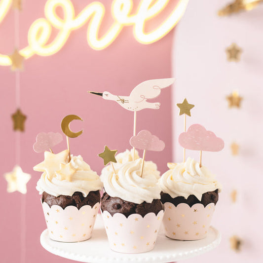 Kūkas un kēksiņu dekors Stārķis - ar mākonīšiem un zvaigznītēm, Cupcake Toppers Stork