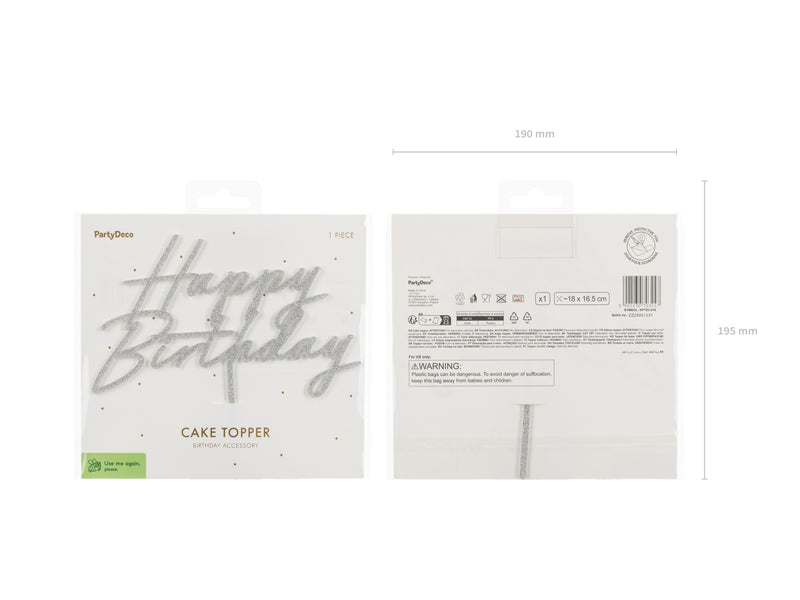 Kūkas dekors, Cake Toppers Happy Birthday, Silver Glitter, Party Deco, KPT83-018