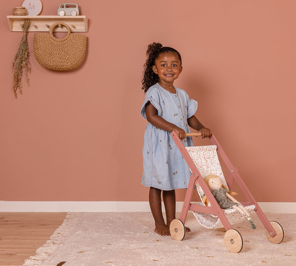 Rotaļu leļļu rati, koka, Little Dutch Flowers and Butterflies doll stroller, Pink, rozā, LD7064