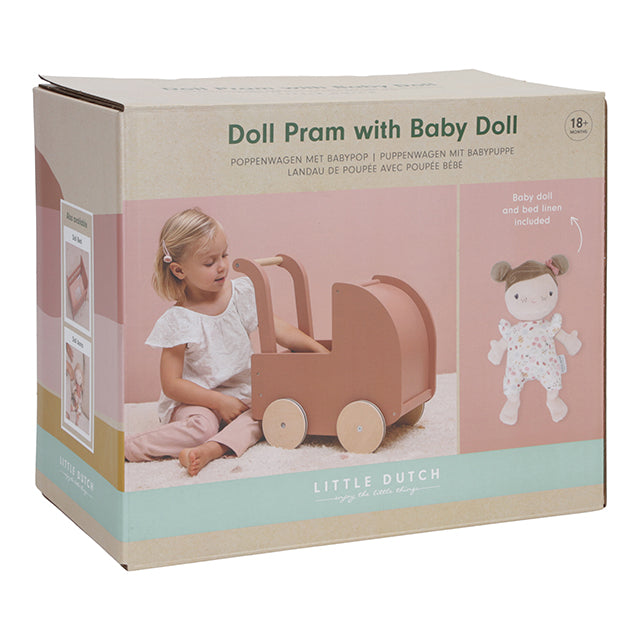 Leļļu koka rati Flowers & Butterflies, Wooden Doll Pram, Little Dutch, LD7108