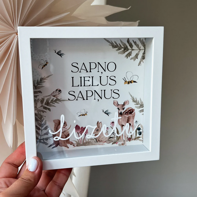Personalizējama naudas krājkase Sapņo lielus sapņus, ar bērna vārdu - meža zvēriņi. Dāvanas ideja dzimšanas dienā