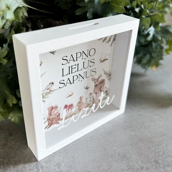 Personalizējama naudas krājkase Sapņo lielus sapņus, ar bērna vārdu - meža zvēriņi. Dāvanas ideja dzimšanas dienā