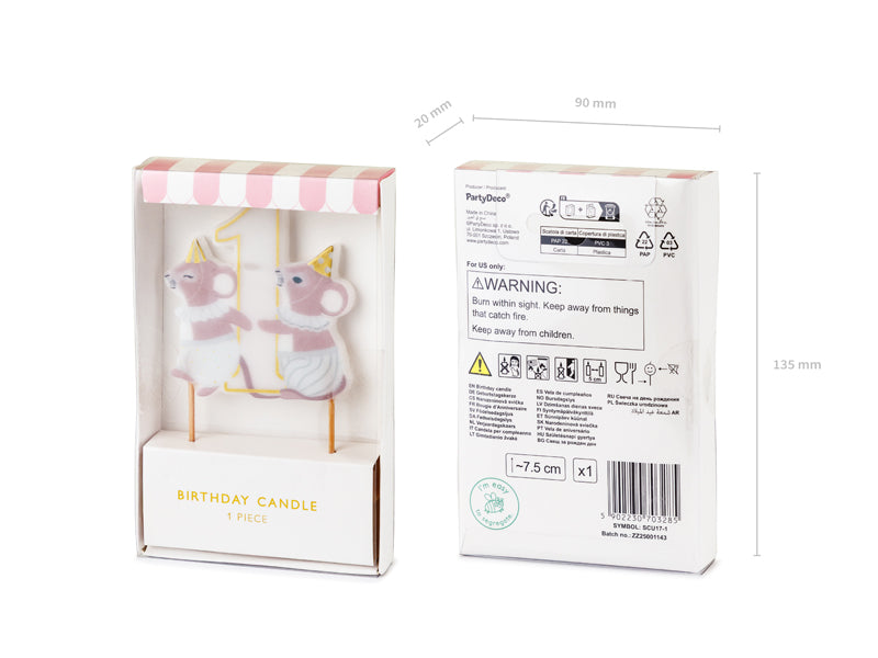 Pirmās dzimšanas dienas svecīte ar pelītēm un ciparu 1, Birthday Candle Mice
Artikuls: SCU17-1