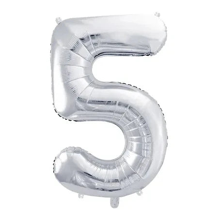 Liels balons cipars 5, sudraba, pildāms ar hēliju vai gaisu, 86cm
