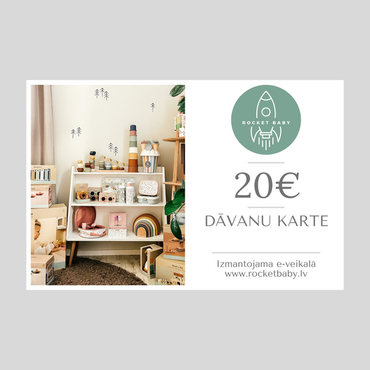 Digitālā dāvanu karte bērnu veikalā rocketbaby.lv - 20 EUR vērtībā - raudzību dāvanas ideja