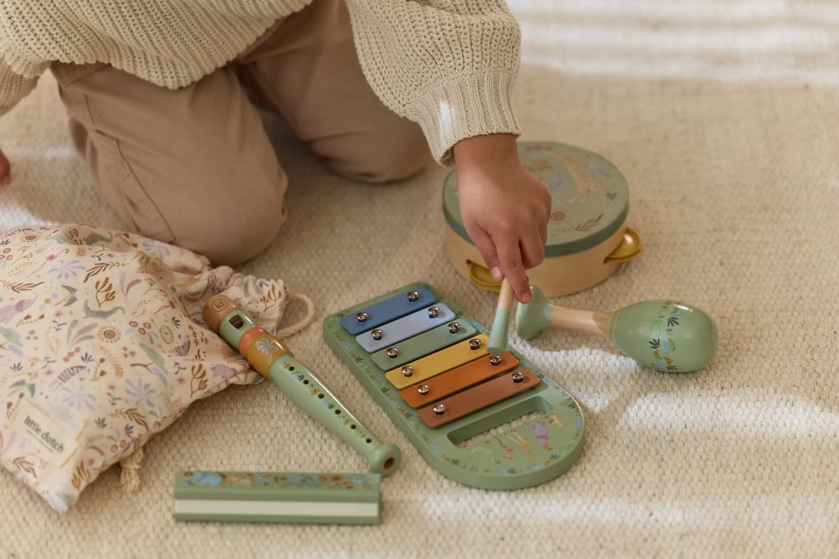 Koka mūzikas instrumentu komplekts, zaļš, Music Instruments Set Safari Friends, Little Dutch, ld7473