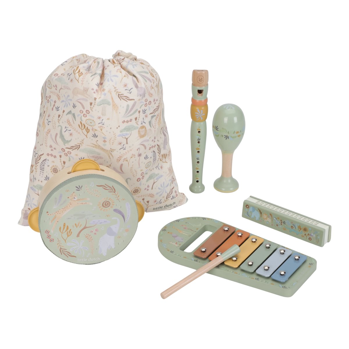 Koka mūzikas instrumentu komplekts, zaļš, Music Instruments Set Safari Friends, Little Dutch, ld7473