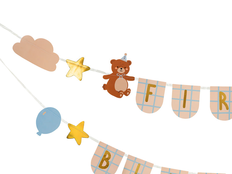 Pirmās dzimšanas dienas svētku virtene- First birthday Banner, ar lācīšiem, GRL119, Party Deco