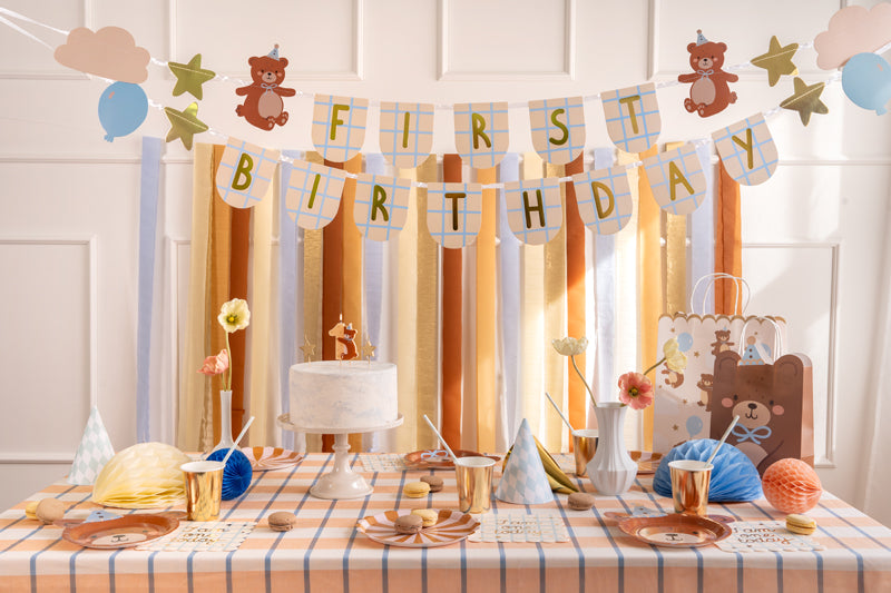 Pirmās dzimšanas dienas svētku virtene- First birthday Banner, ar lācīšiem, GRL119, Party Deco