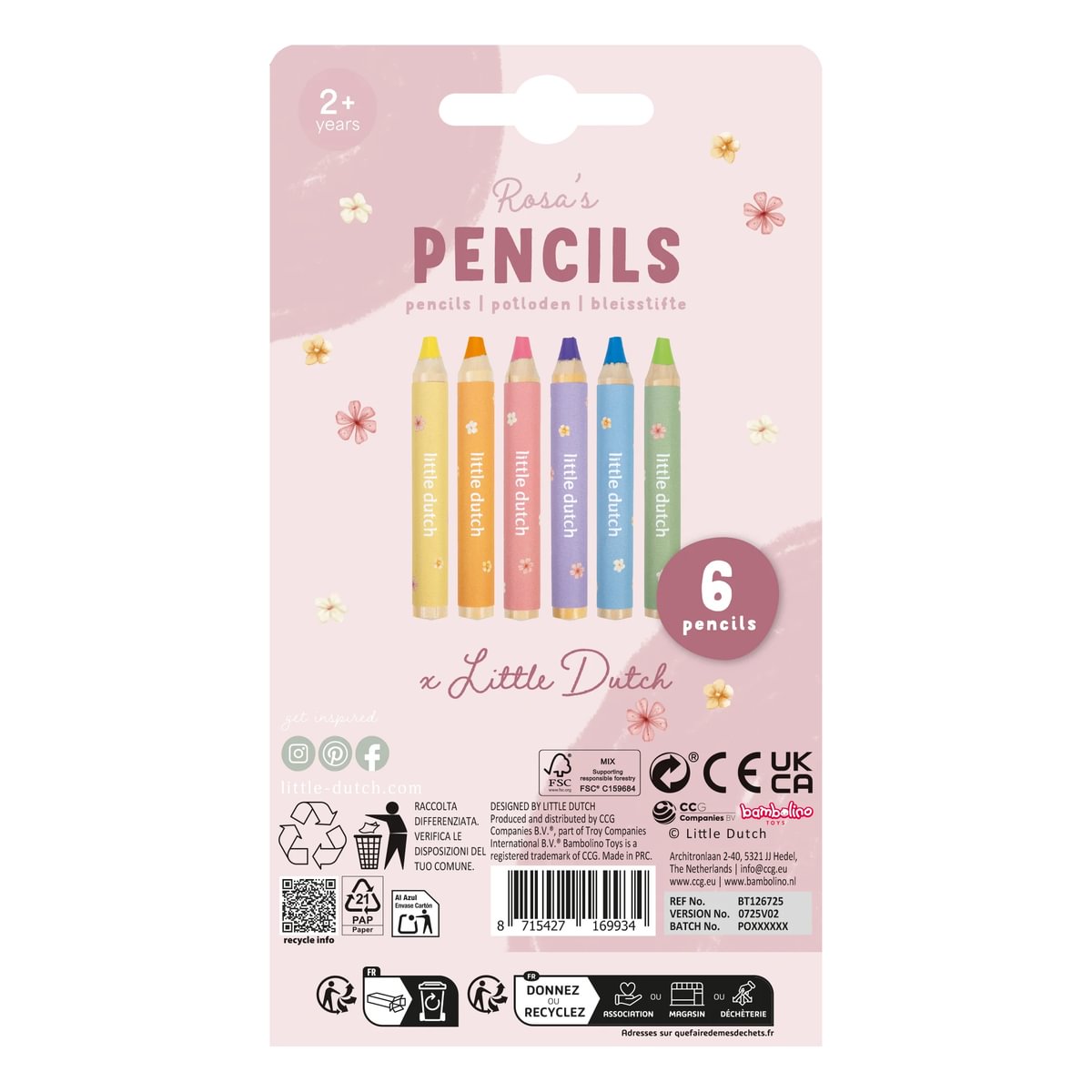Koka krāsainie zīmuļi Rosa & Friends, Wooden Pencils, Little Dutch, 126725