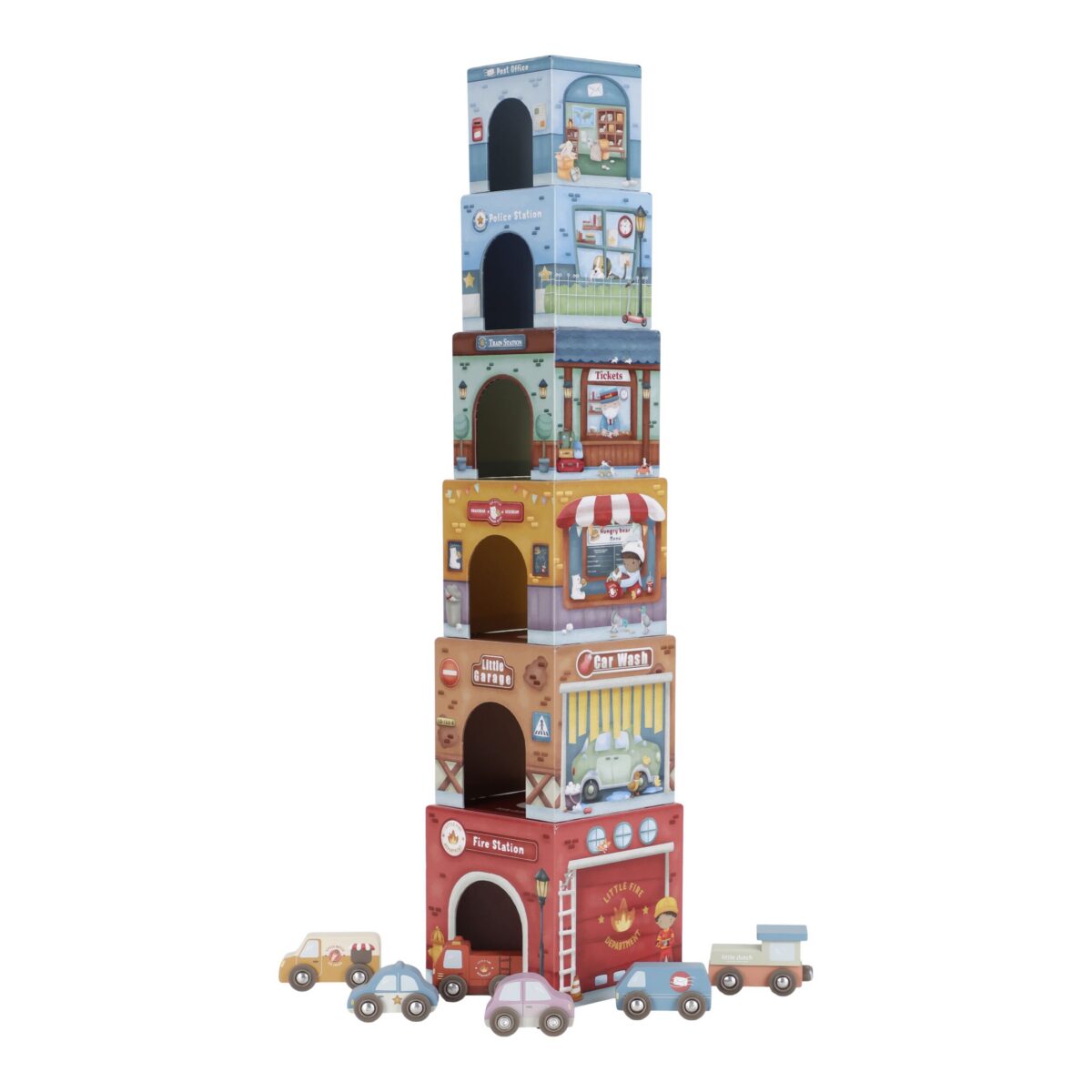 Kartona kluči ar mašīnām, Stacking Blocks with Cars, Little Dutch