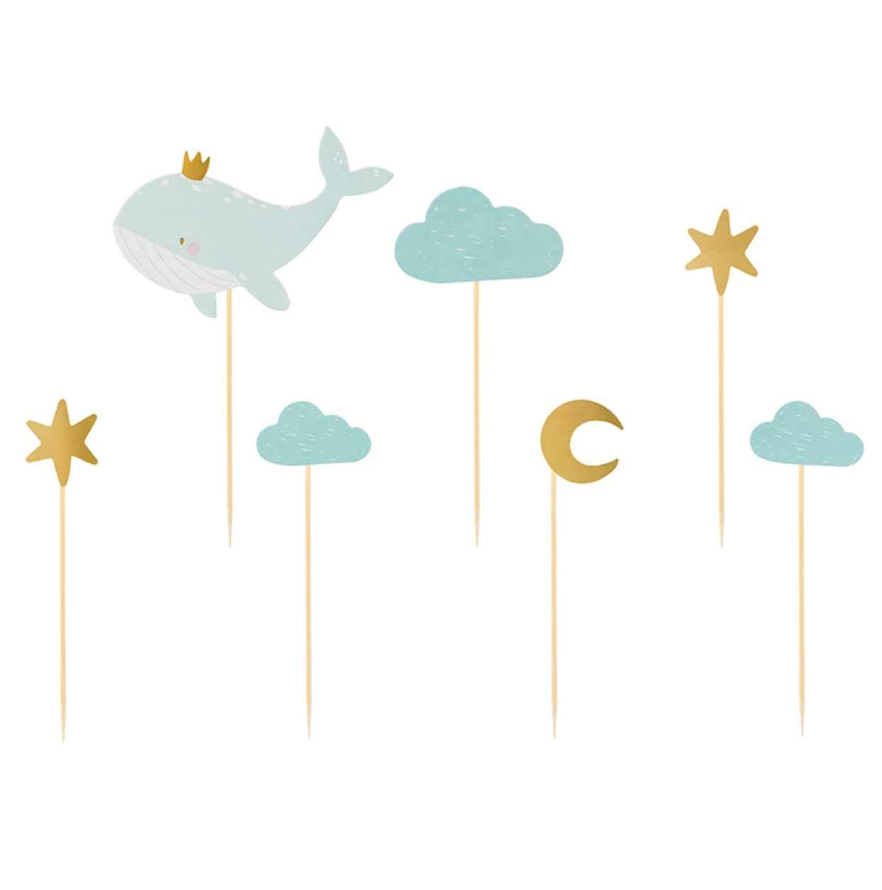 Kūkas un kēksiņu dekors Valis - ar mākonīšiem un zvaigznītēm, Cupcake Toppers Whale