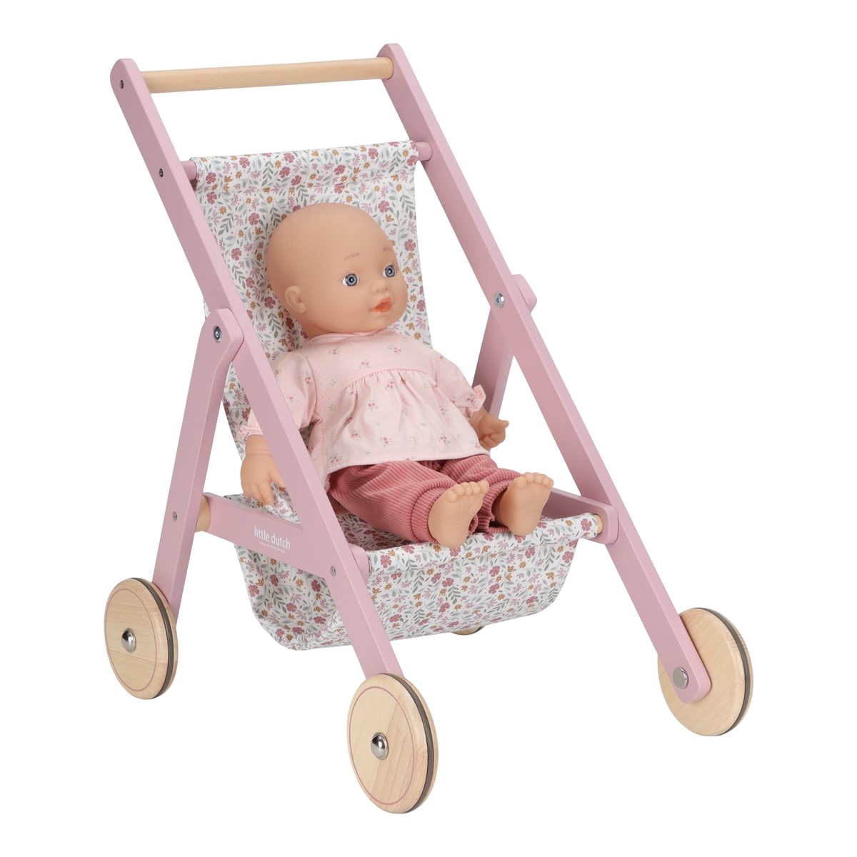Koka leļļu rati, Wooden Doll Stroller Soft Flowers, Little Dutch, ld2518