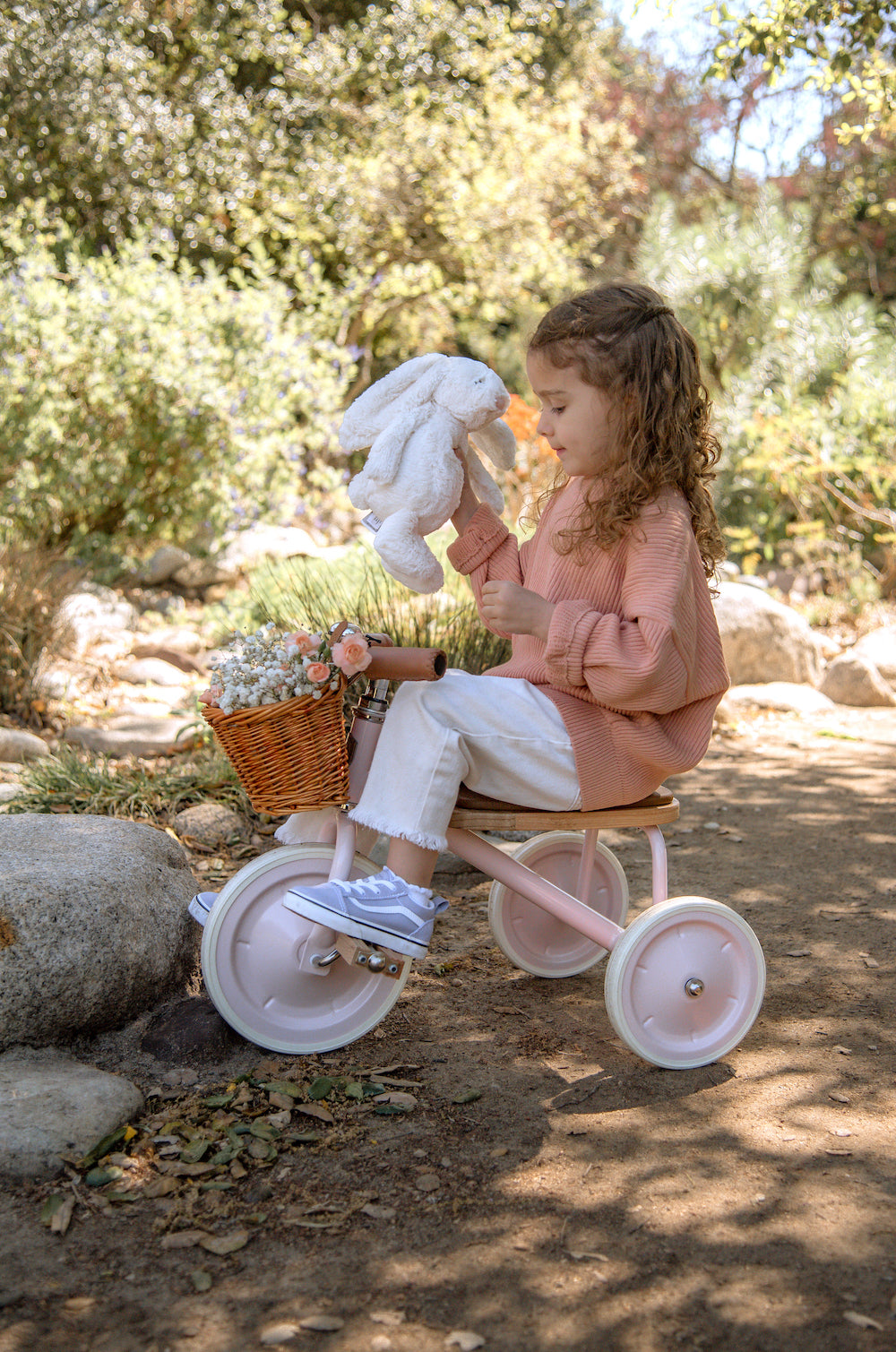 Banwood Pink Trike trīsritenis ar pītu groziņu, rozā